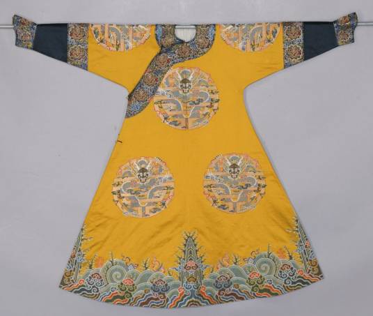 明黄色八团云龙寿字妆花缎女夹龙袍