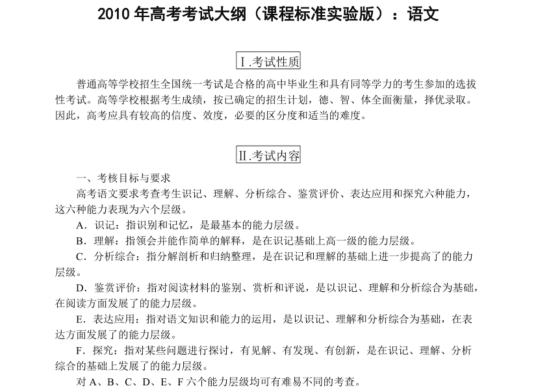 2010年高考语文考试大纲（课程标准实验版）